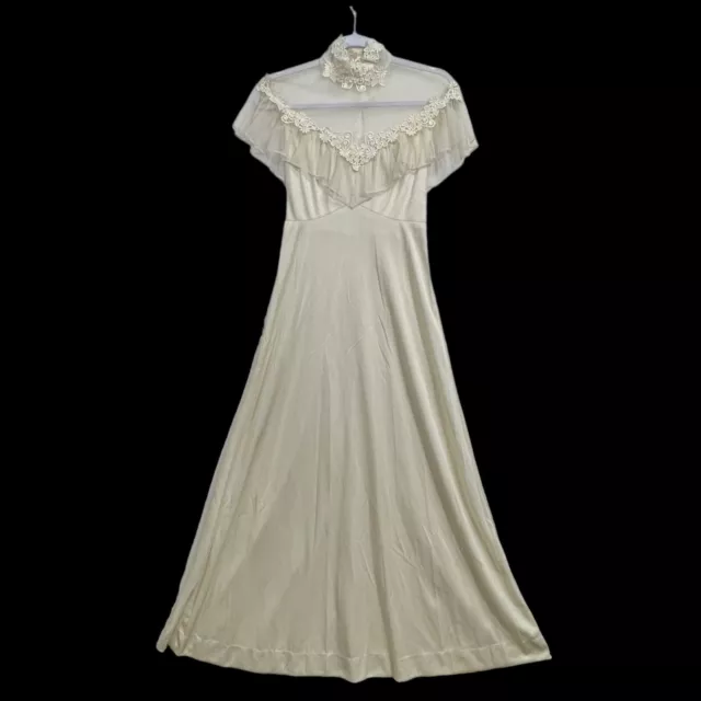 1970s Vintage Boho Prairie Wedding Dress Handmade Ivory White Flower Trim Satin