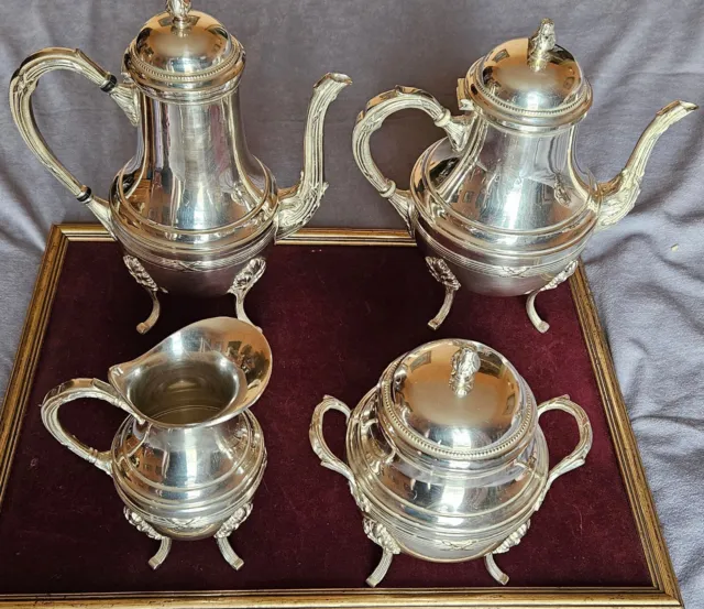 Service thé café métal argenté style Louis XVI  Rubans croisés Feuillages Perles