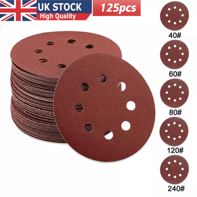 125mm - 5" 8 Hole Sanding Discs 40 60 80 120 240 Grit Orbital Sander Pad UK