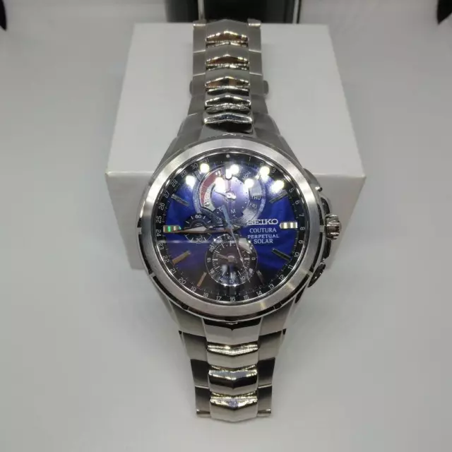 Seiko Coutura Perpetual Calendar Silver Blue Solar Mens Watch Authentic Working