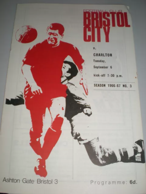 BRISTOL CITY v CHARLTON ATHLETIC, 6th SEPTEMBER 1966, NO WRITING, NO STAPLES.