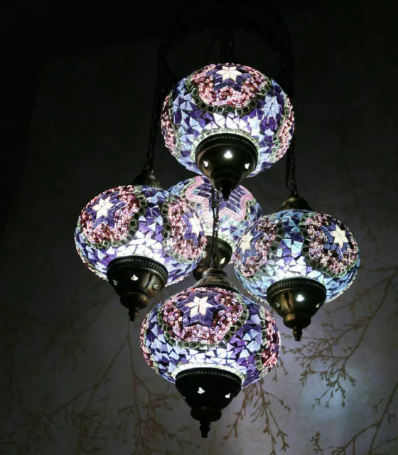Lampada a mosaico multicolore fatta a mano turca marocchina lampadario - 5 Globe
