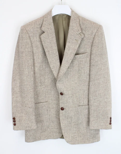 80's Harris Tweed Giacca Uomo ~ Medio Monopetto Lana Beige