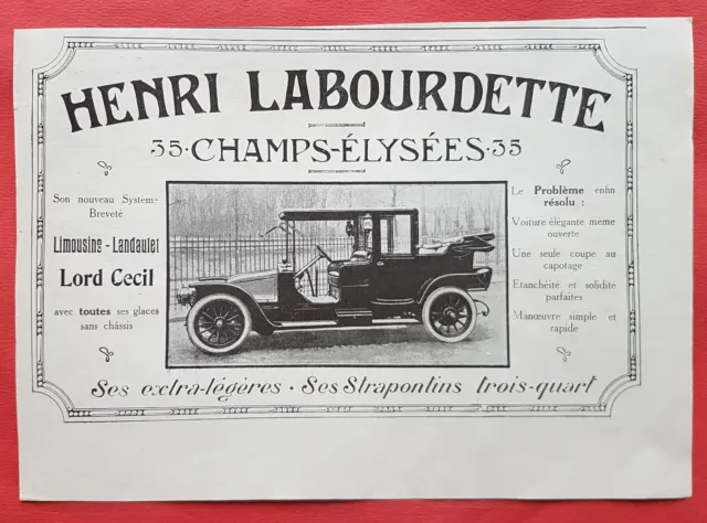HENRI LABOURDETTE car ADVERTISED 1912 - AD REF: 1708