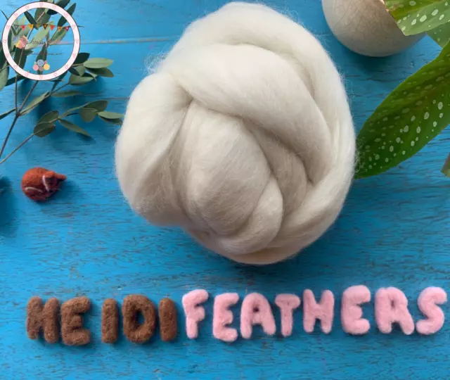 Heidifeathers® Organic White Merino Wool Top / Roving 100g Felting + Spinning