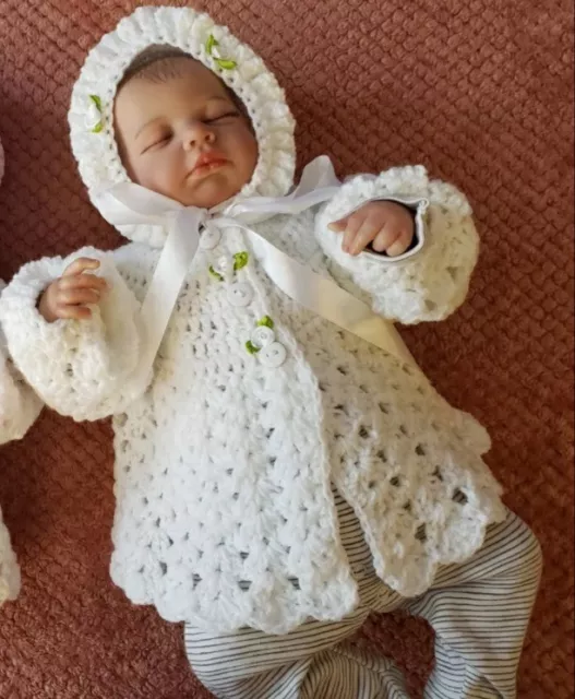 Newborn baby Girls Hand Knitted crochet hat and cardigan White