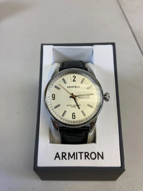 Armitron Watch Men 39mm Silver Tone Day/Date Cream Dial Black Strap 20/5048SV