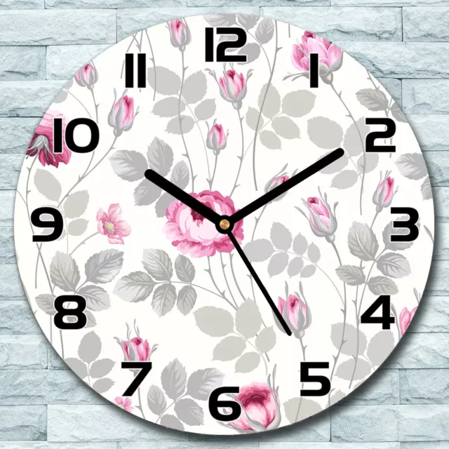 Wanduhr aus Glas Rund fi 30 Pastell Rosen Blumen Quarz Deko Schlafzimmer Büro