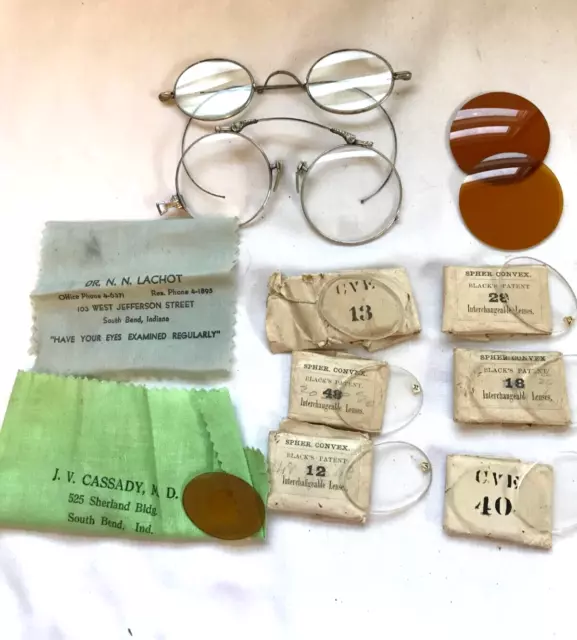 Antique Assorted Lot Of 6 Pkgs Unused Eyeglass Lenses Plus Eyeglasses For Parts