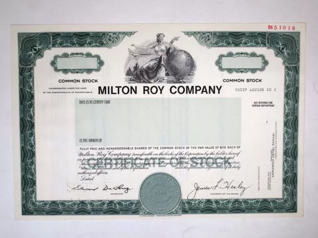 PA. Milton Roy Co., 1977. Specimen Stock Cert., XF-AU condition. S-C USBNC