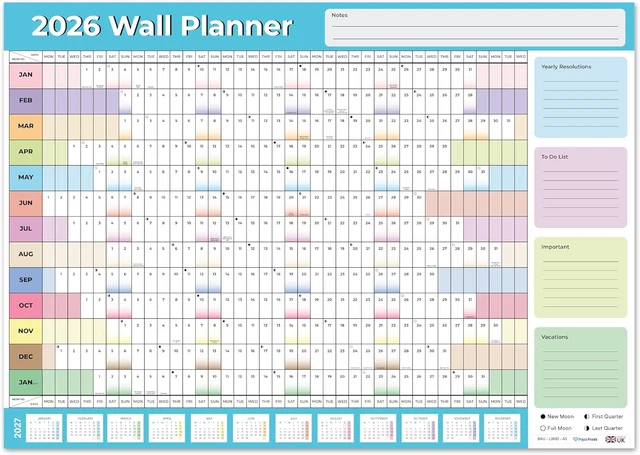 2026 WALL PLANNER A3 Full Year to View Calendar 2026 Planner Wall A3
