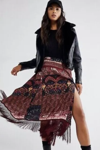 Free People Sweet Dreams Scarf Printed Maxi Skirt Flowy Fringed Black Wine 0 NEW