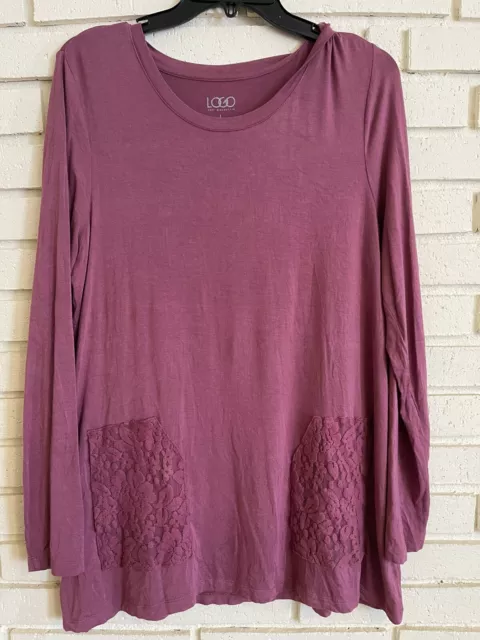 LOGO by Lori Goldstein Women's Large Pink Tunic Long Sleeve Lace Pockets Stretch