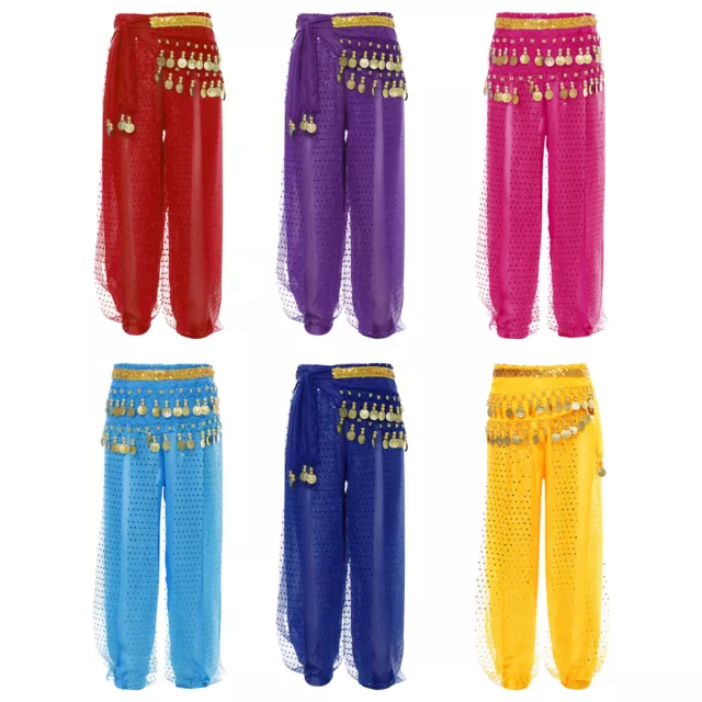 Kids Girls Belly Dance Harem Pants Arabic Latin Dance Trousers with Hip Scarf