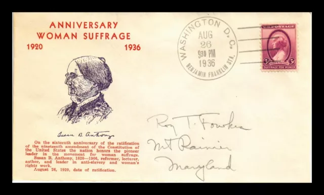 Dr Jim Stamps Us Cover Susan B Anthony Woman Suffrage Fdc Scott 784 Sealed
