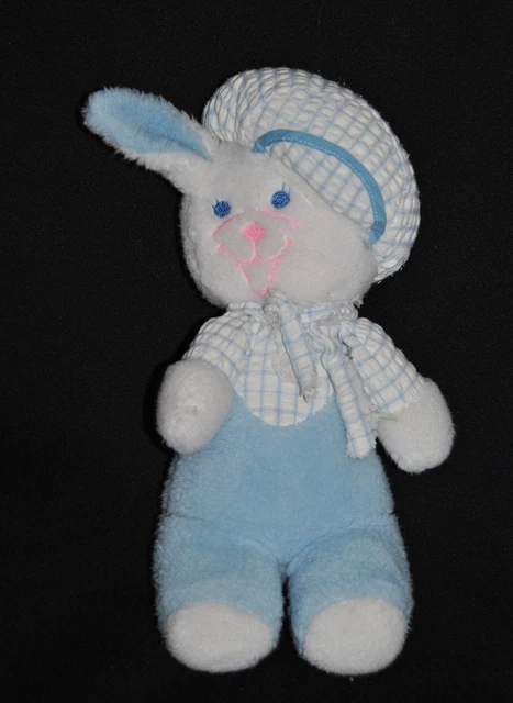 Peluche Doudou Lapin Bleu Blanc Casquette NOUNOURS Carreaux Vintage 30 Cm TTBE
