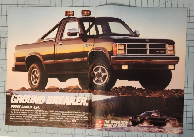 1989 Vintage 2 Page Print Ad Ground Breaker Dodge Dakota 4x4 Truck Rocks Water