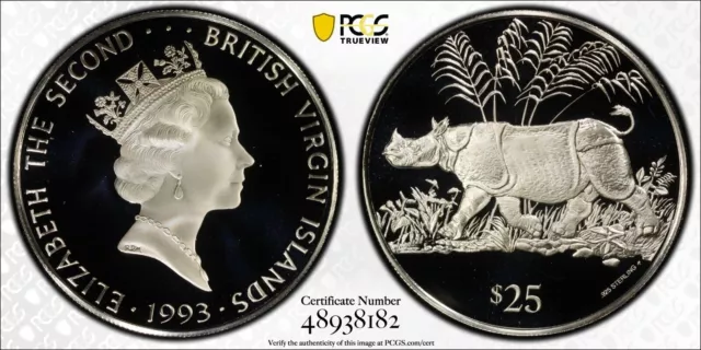 1993 -FM British Virgin Islands Silver $25 Javan Rhinoceros - PCGS PR69 DCAM