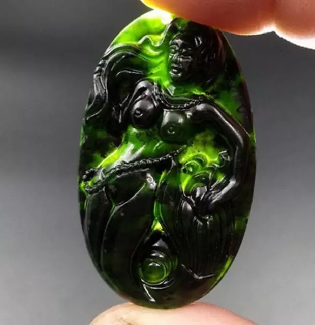 Pendant black green necklace Beauty statue natural jade  Amulet jadeite Chinese