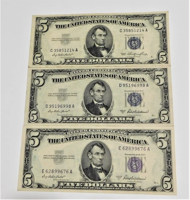 (3) 1953 Series Five Dollar Silver Certificates - Very Nice - Free USA Shipping!