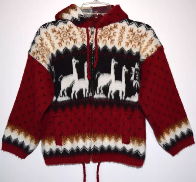 Tejidos Ruminahui Vintage Unisex Kids Red Full Zip Hooded Wool Cardigan Size M
