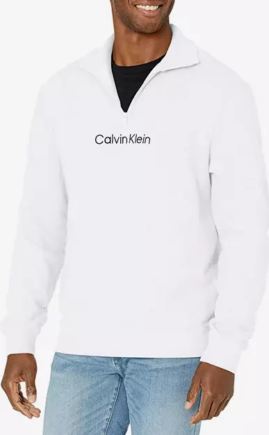 Calvin Klein Men Relaxed Fit French Terry 1/4-Zip Logo Sweatshirt White