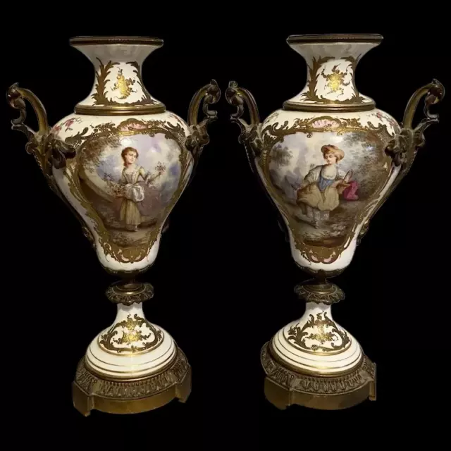 Louis XVI Sevre Porcelain Vases: 19th Century Pair in Porcelain & Bronze