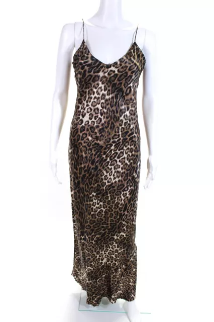 Nili Lotan Womens Silk Leopard Print V Neck Maxi Slip Dress Brown Size M
