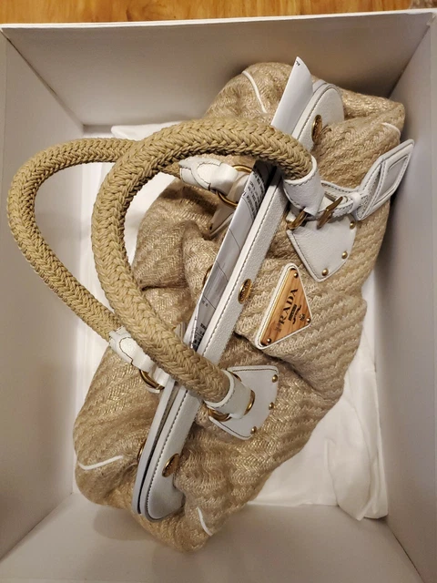 Authentic Prada White Straw Framed- Leather Grommets Large Satchel Shoulder Bag