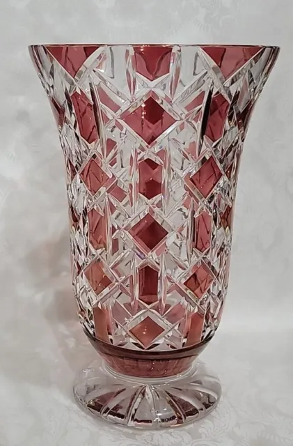 Vintage Bohemia Cut To Clear Ruby Flesh Lead Crystal Vase 12 3/4" Gorgeous 😍