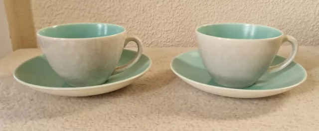 Vintage Poole Pottery Mottled Grey/Ice Green 2× Cups & Saucers