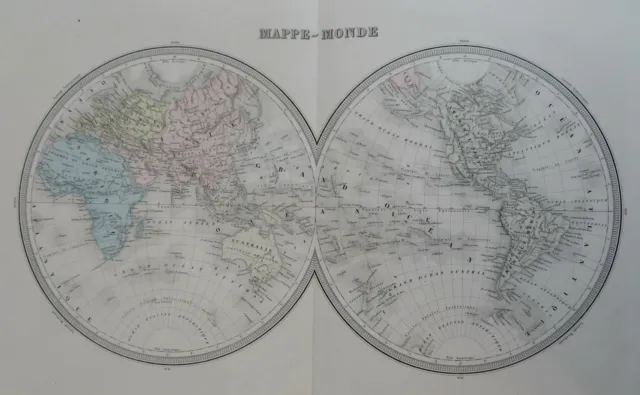 World Map in Double Hemispheres 1861 Tardieu large hand color map
