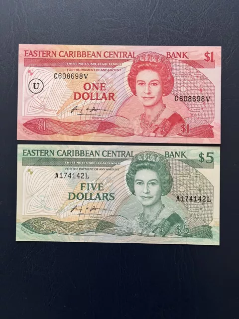 Eastern Caribbean $1 & 5 Dollar Banknotes Featuring Queen Elizabeth The 2nd.