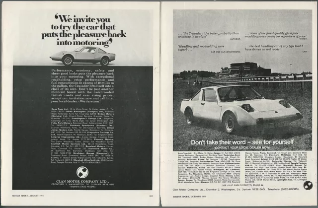 1973 CLAN CRUSADER advertisement x2, British sports car, kit car