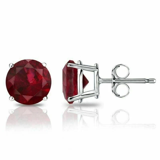 2Ct Stud Earring Round Cut CZ Red Garnet Solitaire Unisex 14k White Gold Plated