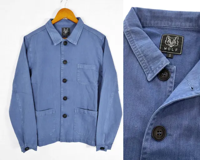 60s Style Mid Blue French Workwear Chore Jacket - Washed Faded Herringbone