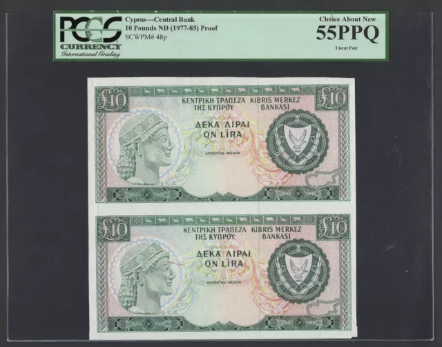 Cyprus Uncut Pair of 10 Pounds ND(1977-85) P48p "Proof" About Uncirculated