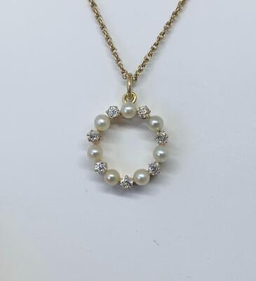 Art Déco Ancien Mine Coupe Diamant Perle Pendentif Cercle Collier 14K Or