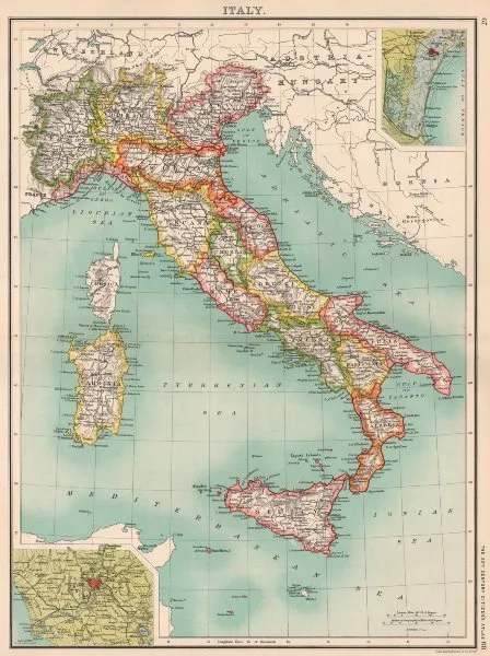 ITALY. Showing regions & railways. Inset Venice; Rome. BARTHOLOMEW 1901 map