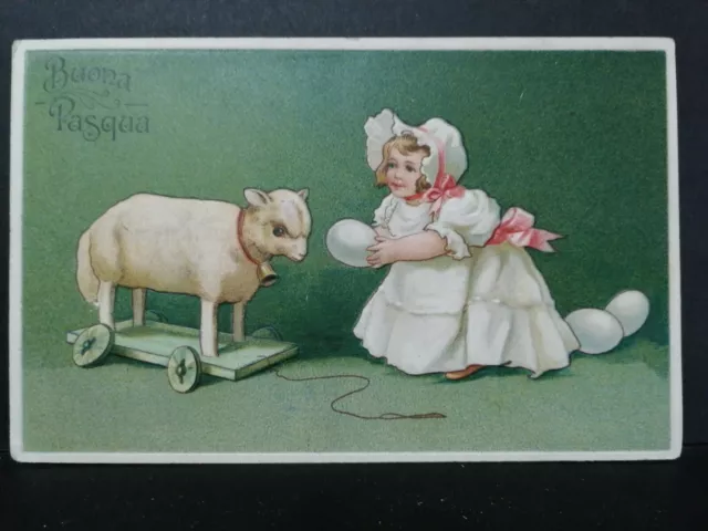 Cartolina Buona Pasqua Bambina con Agnello Giocattolo e Uova Rilievo ZB451