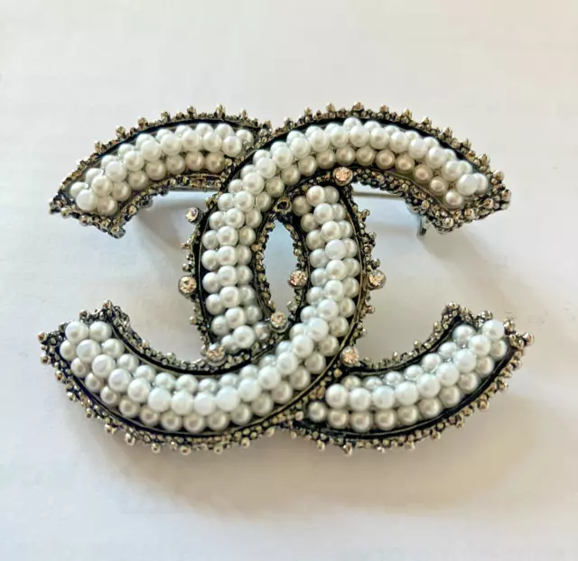 COCO CHANEL BLACK White Jewelled Brooch Made in Italy CC 13 A
