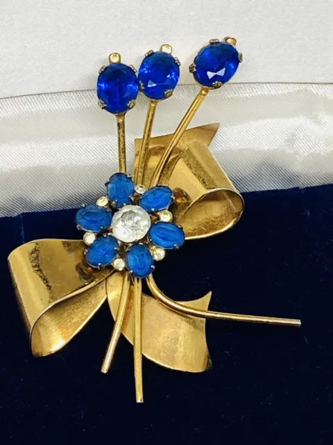 VTG Coro Pegasus Sterling Vermeil Brooch Pin Floral Blue Rhinestone Ribbon 1940s