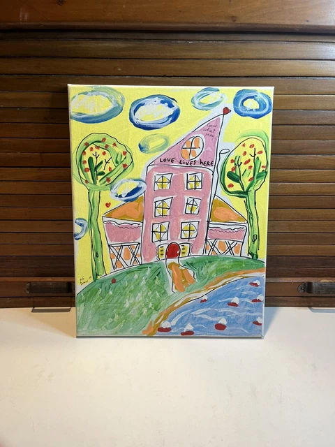Nancy Swan Drew outsider art "Love Lives Here" Small Painting on Canvas Signed