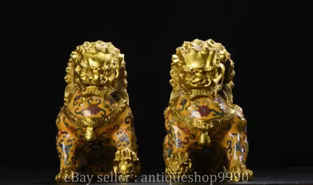 8.4" Marked Chinese Bronze Gilt Cloisonne Foo Dog Lion Sculpture Statue Pair