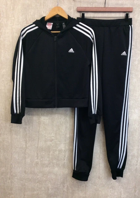 Adidas tuta da ginnastica ragazze 14-15 nera a righe crop cerniera giacca jogger pantaloni