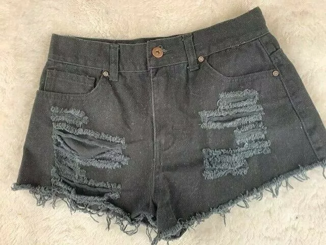 Forever 21 Womens Jeans Shorts Size 26 Black Distressed Torn Ripped High Rise