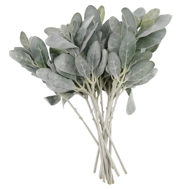 14pcs Cool Flocked Green Leaves Short Stems, Eastern Lambs P1K2