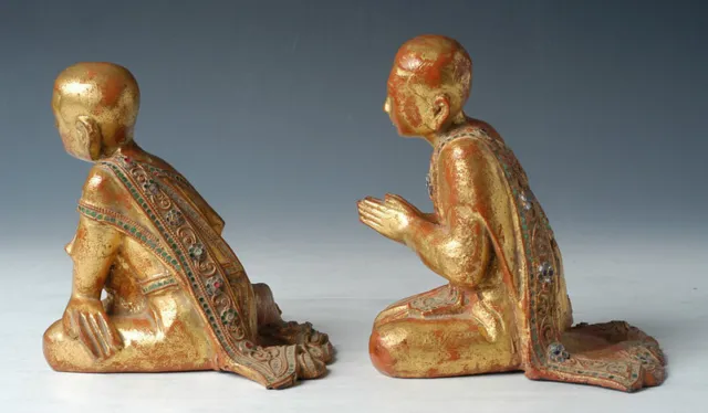 19th Century, Mandalay, A Pair of Antique Burmese Wooden Seated Disciples 8