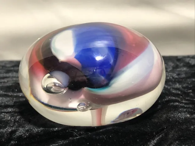 Rollin Karg signed Art Glass paperweight Controlled Bubbles White Blue Green Red