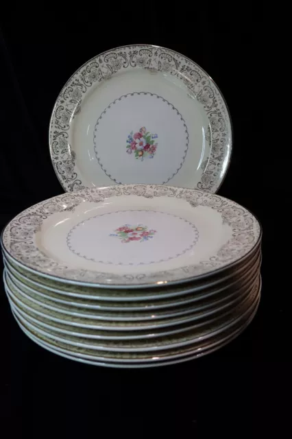 Vintage Circa 1949 Paden City Gold Filgree Border Floral Center 10 Dinner Plates 2